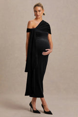 Zena | Black Velvet Asymmetric-Neck Maternity Midi Dress With Knot And Sash Detail