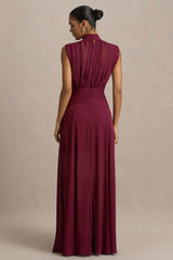 Melanina | Burgundy High-Neck Maxi Dress With Ruched Detailing