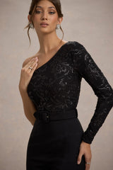 Upgrade | Black Lace Asymmetric Belted Wide-Leg Jumpsuit