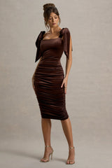 Tarna | Brown Velvet Midi Dress With Bow Straps