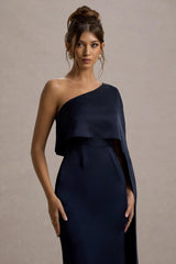 Amora | Navy Satin Asymmetric Cape-Sleeve Split Maxi Dress