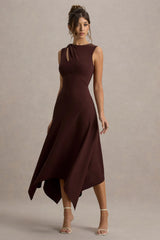 Francesca | Brown Knotted Midi Dress With Handkerchief Hem