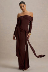 Jovie | Brown Bardot Wrap Maxi Dress With Sash Detail
