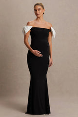 Didi | Black & White Bardot Bow Detail Maternity Maxi Dress