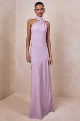 Cara | Lilac Satin High-Neck Maxi Dress