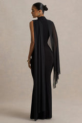 Amour | Black High-Neck Maxi Dress With Cape Sleeve Detail