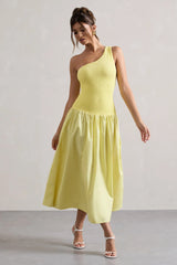 Sorbet | Lemon Poplin One Shoulder Pleated Maxi Dress
