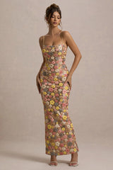 Vitora | Pastel Floral Print Embellished Sequin Square-Neck Maxi Dress