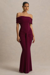 Envisioned | Burgundy Bardot-Neck Maxi Dress With Gathered And Drape Detail