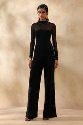 Emeria | Black High-Neck Jumpsuit With Long Mesh-Sleeves