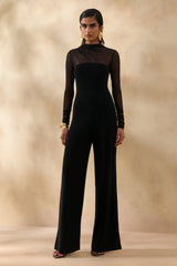 Emeria | Black High-Neck Jumpsuit With Long Mesh-Sleeves