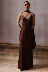 Starling | Brown Satin Plunge-Neck Maxi Dress With Scarf-Detail