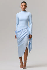 Raffie | Powder Blue Long-Sleeve Midi Dress With Satin Wrap Skirt