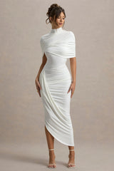 Enchant | White Asymmetric Twisted Cape Midi Dress