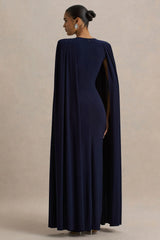 Mimi | Navy High-Neck Maxi Dress With Cape Sleeve Detail