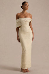 Solora | Cream Lace Twisted Bardot-Neck Maxi Dress