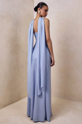 Charly | Powder Blue Satin Bandeau Maxi Dress With Scarf-Detail