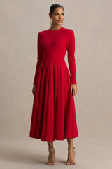 Bellamy | Red Crew-Neck Long-Sleeve Midi Dress