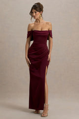 Annie | Burgundy Satin Bardot Maxi Dress With Split Wrap Skirt