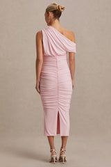Linnea | Blush Pink Asymmetric-Neck Maternity Midi Dress
