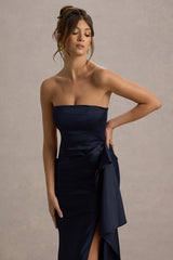 Loz | Navy Satin Bandeau Draped Maxi Dress