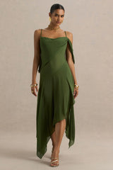 Tiara | Green Asymmetric Midi Dress With Draping Detailing and Open-Back