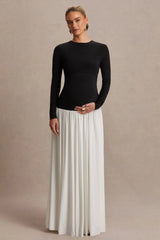 Monroe | Black And White Crew-Neck Maternity Maxi Dress With Drop-Waist