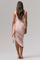 Letitia | Pale Pink Square-Neck Floral Detailed Wrap Midi Dress