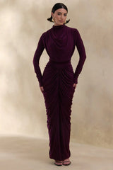 Harmona | Dark Plum High-Neck Maxi Dress With Gathered And Draped-Detailing