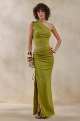 Margie | Green Maxi Skirt With Ruched Detail And Front High Split
