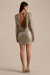 Mercedes | Champagne Sequin Boat-Neck Mini Dress With Draped Detail And Open Back