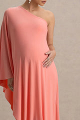 Waves | Coral Asymmetric Maternity Maxi Dress With One-Sleeve Cape
