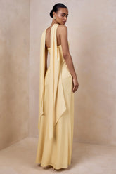 Charly | Lemon Satin Bandeau Maxi Dress With Scarf-Detail