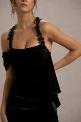 Charlize | Black Velvet Halter-Neck Draped Maxi Dress