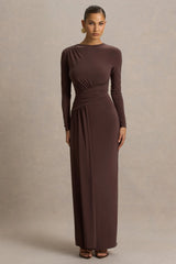 Virelle | Brown Boat-Neck Maxi Dress With Wrap Detail And Sash