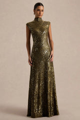 Cecy | Khaki Sequin High-Neck Maxi Dress With Cap Sleeves