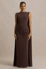 Premiere | Brown Boat-Neck Maxi Dress With Cape Sleeves And Open-Back