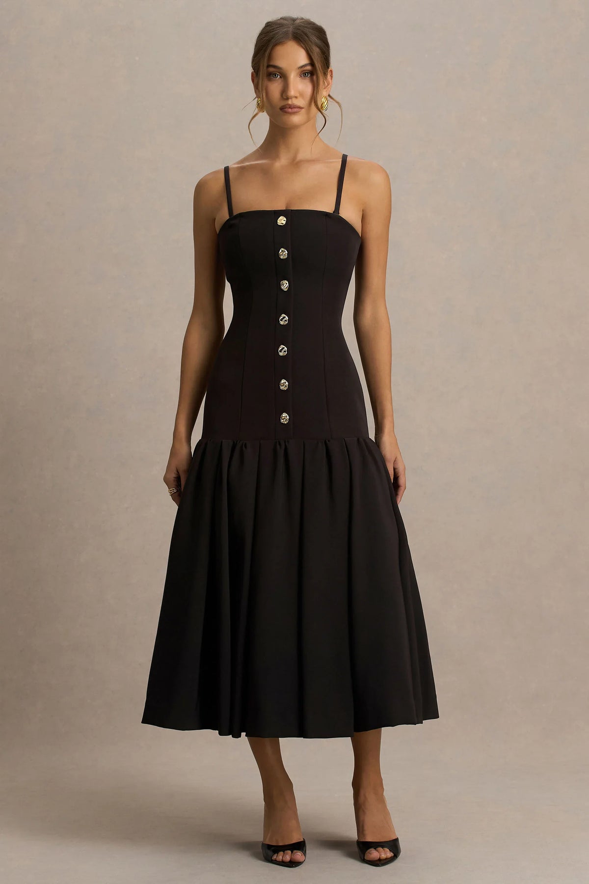 Briella | Black Bandeau Midi Dress With Gold-Button Detailing