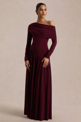 Farah | Burgundy Asymmetric-Neck Maxi Dress With Drop Waist And Ruched Detailing