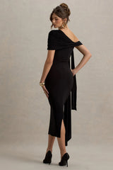 Praia | Black Asymmetric-Neck Maxi Dress With Sash and Draped Detailing