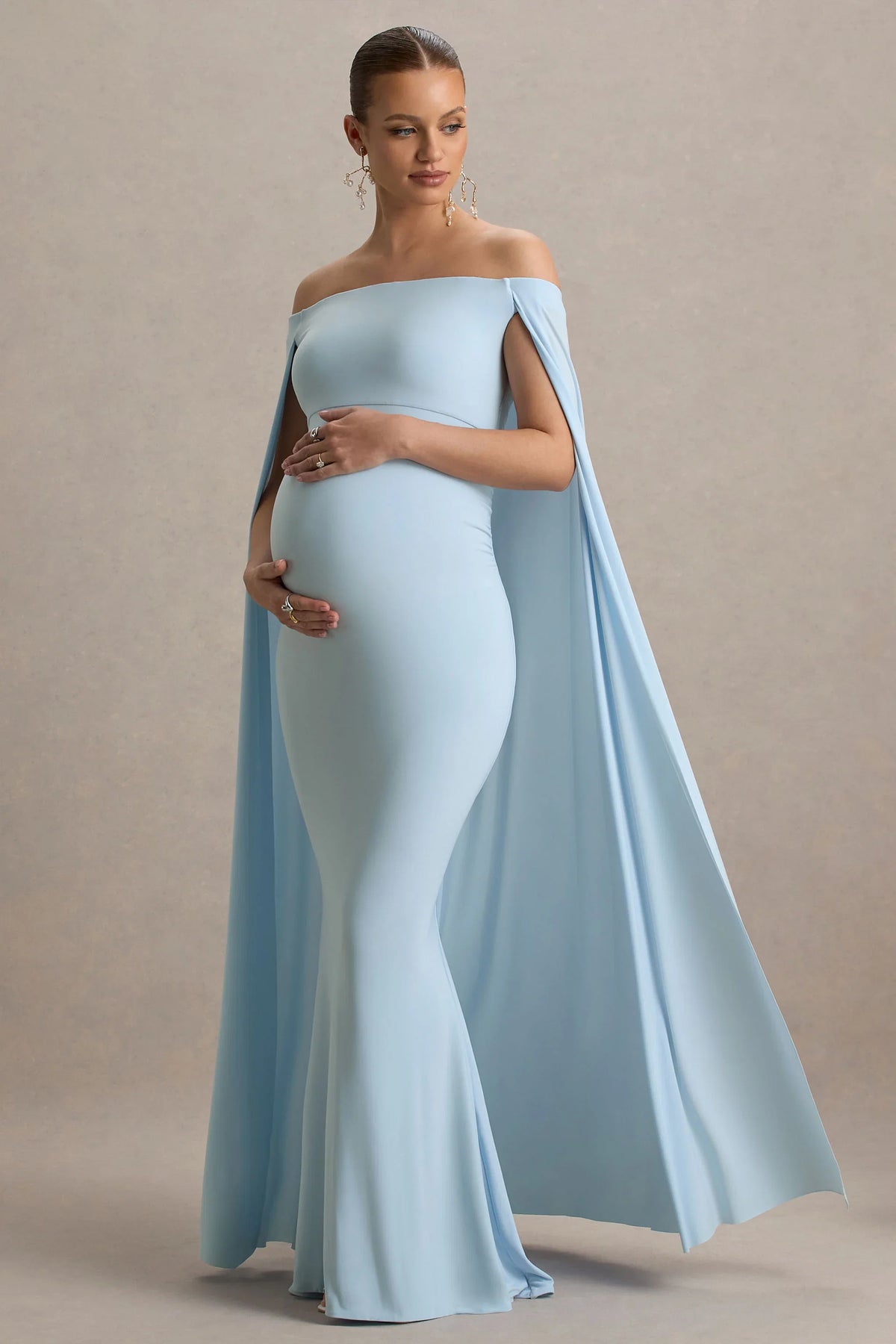 Radiance | Powder Blue Bardot Maternity Maxi Dress With Cape