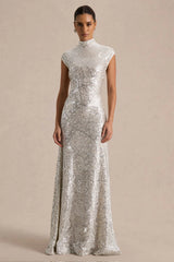 Cecy | Silver Sequin High-Neck Maxi Dress With Cap Sleeves