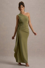 Adelina | Olive One-Shoulder Maxi Dress With Drape