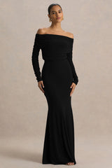 Cilla | Black Bardot-Neck Maxi Dress With Ruched Detailing