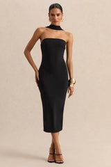 Amariah | Black Bandeau Midi Dress With Scarf-Detail