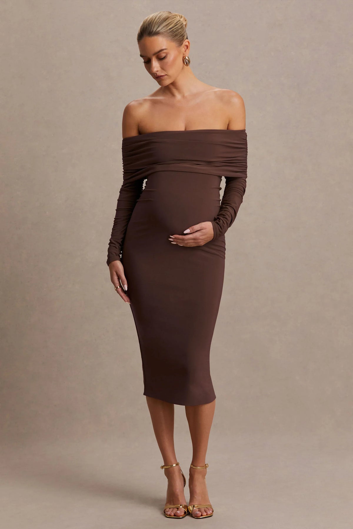 Elspeth | Brown Bardot-Neck Maternity Midi Dress