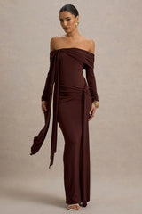Jovie | Brown Bardot Wrap Maxi Dress With Sash Detail
