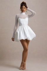 Tinkerbell | White Satin Long-Sleeve Puffball Mini Dress