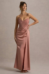 Edel | Pink Satin Strapless Maxi Dress With Drape