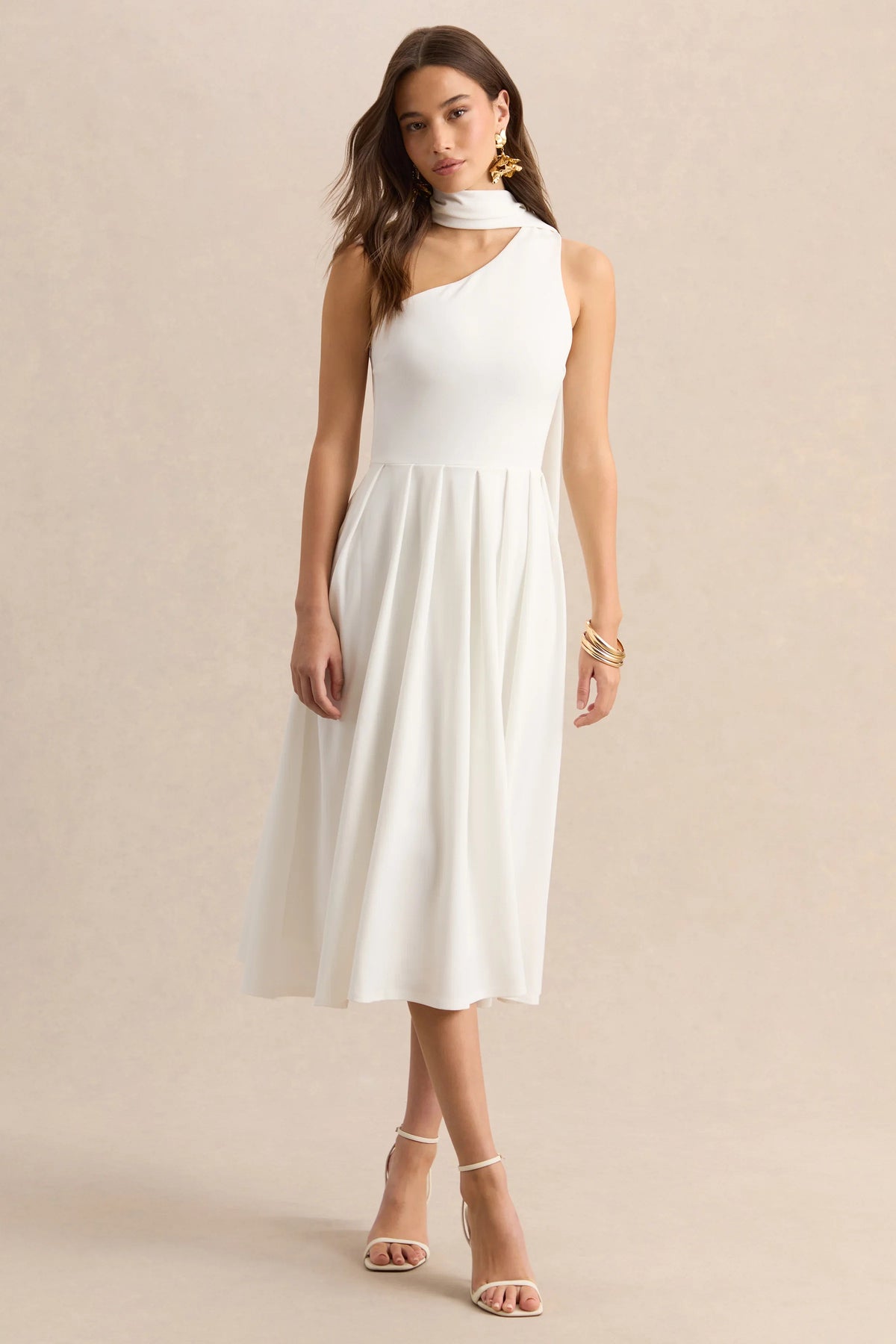 Odette | White Asymmetric-Neck Midi Dress With Scarf